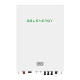 Front view of GSL Energy 51.2V 280Ah 14.34kWh LiFePO4 wall-mounted battery with LED indicators, IP65 rating.